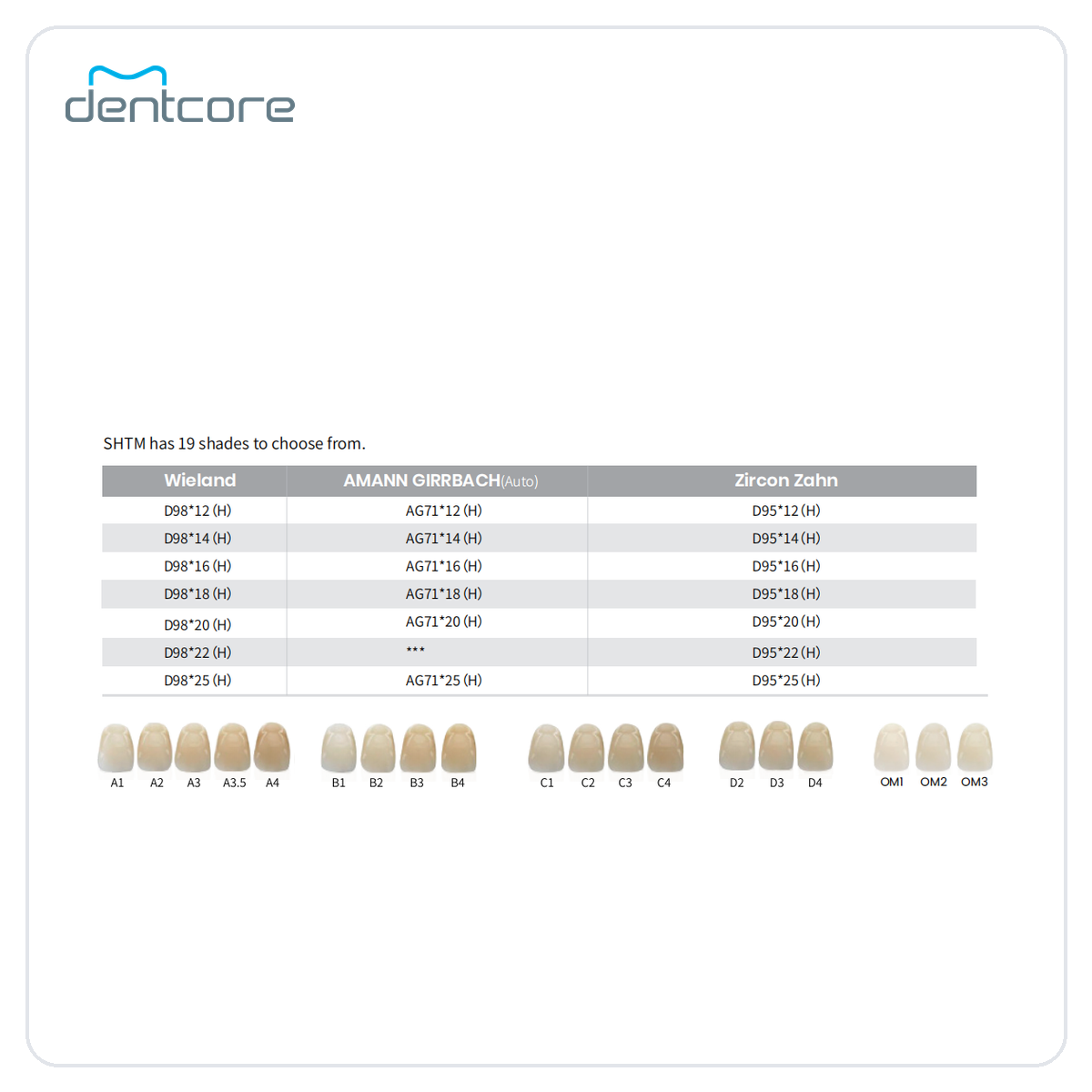Aidite Superfect SHT-M Multilayer Zirconia Disc - official shade chart
